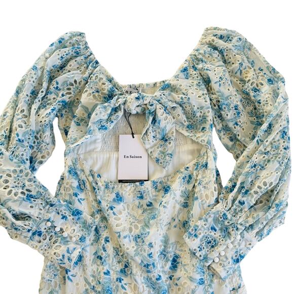 En Saison Claire Floral Blue Eyelet Open Front Long Sleeve Mini Dress Sz Medium - Picture 2 of 11